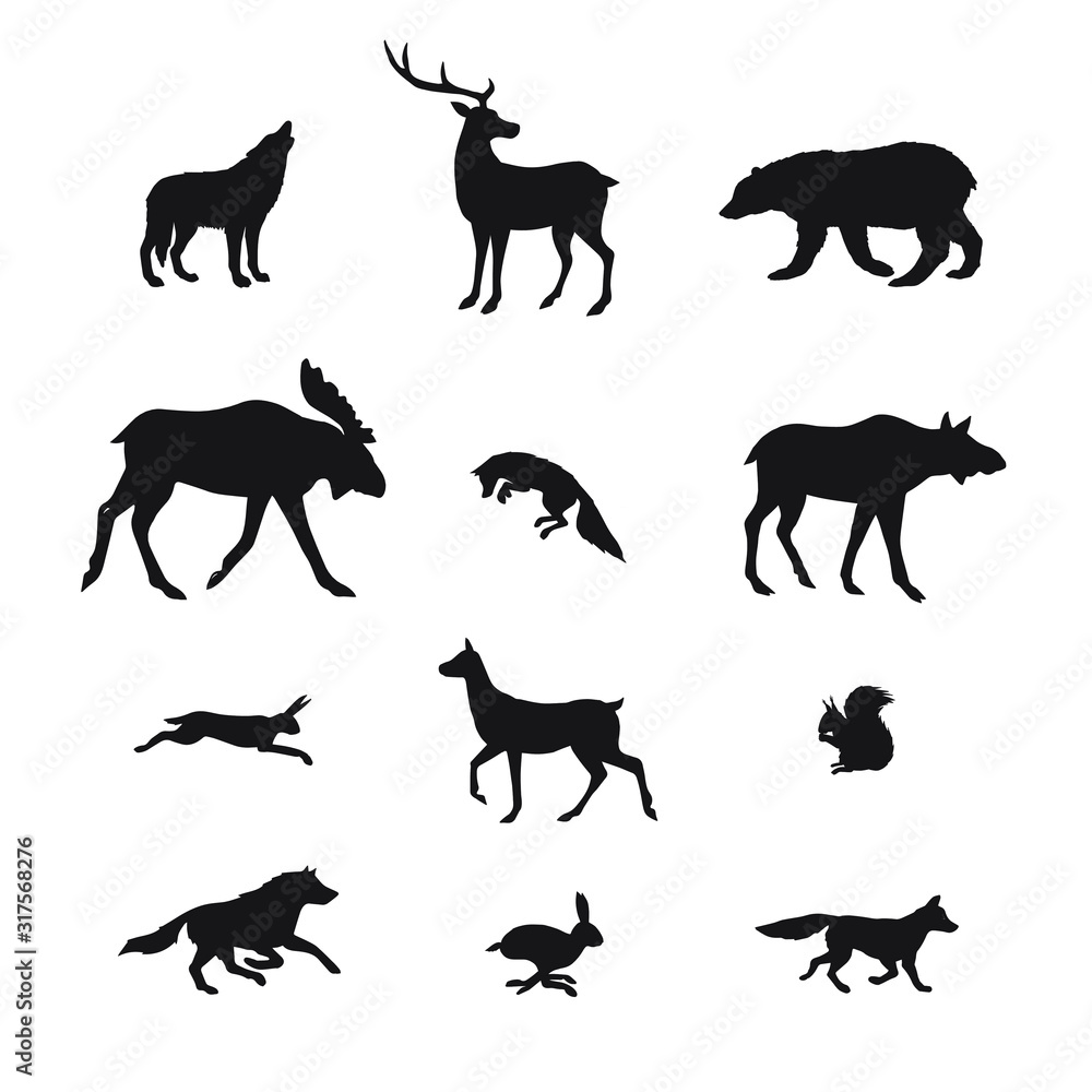 Vector black set bundle of forest wild animals silhouette isolated on white background