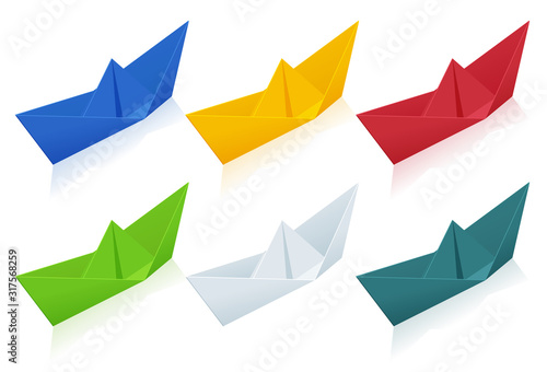 Isometric colorize set of Origami Paper Boats on white background.