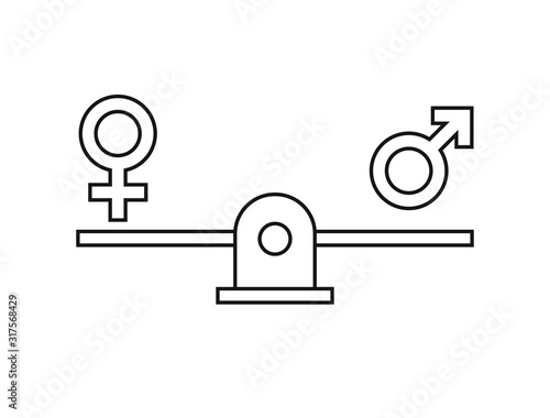 Vector flat outline gender equality concept. Man and woman symbols balancing on scales isolated on white background