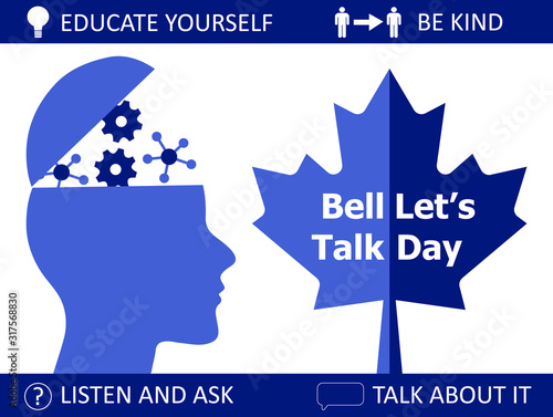 Bell Let's Talk Day is celebrated on the last Wednesday of January in Canada. I is about mental illnesses. Mentality healthcare of brain problem vector. Psychiatry, apathy, schizophrenia