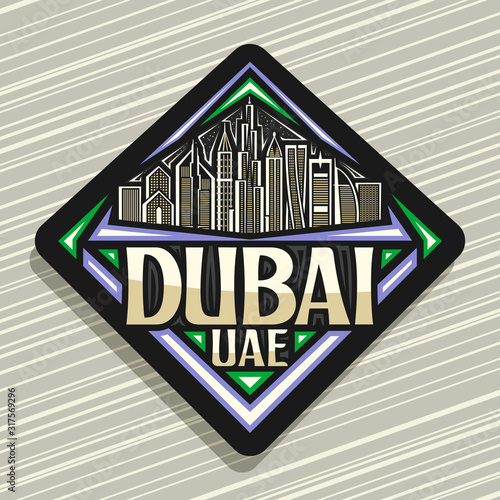 Vector logo for Dubai, black decorative rhombus sticker with line illustration of modern dubai cityscape on evening sky background, tourist fridge magnet with original typeface for words dubai uae.