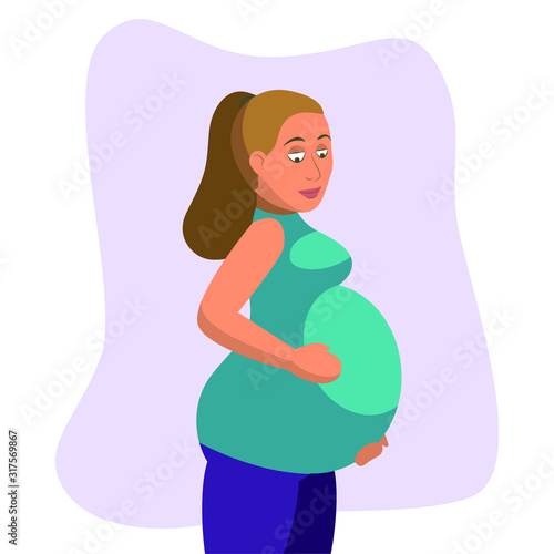 Pregnant woman looking at and touching her belly illustration