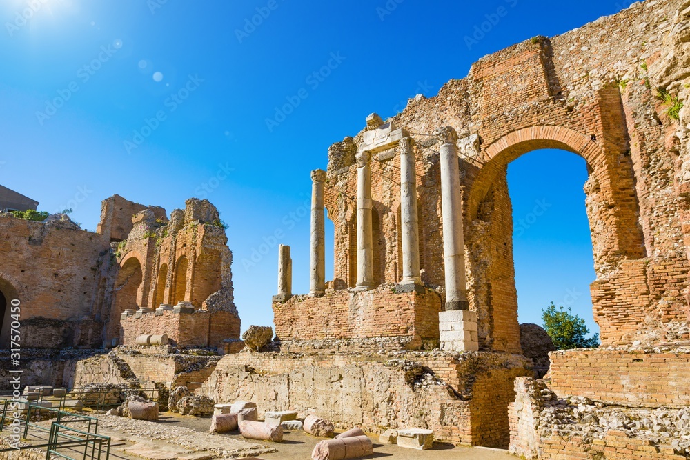 Ruins of ancient Greek theatre of Taormina, Sicily, Italy.
