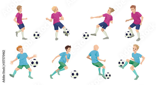 Set of children football players. Boys play football with the ball. Vector illustration