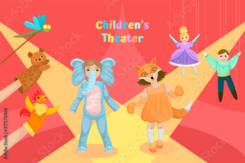 Children on stage, children theater. Dolls and puppets. Vector illustration