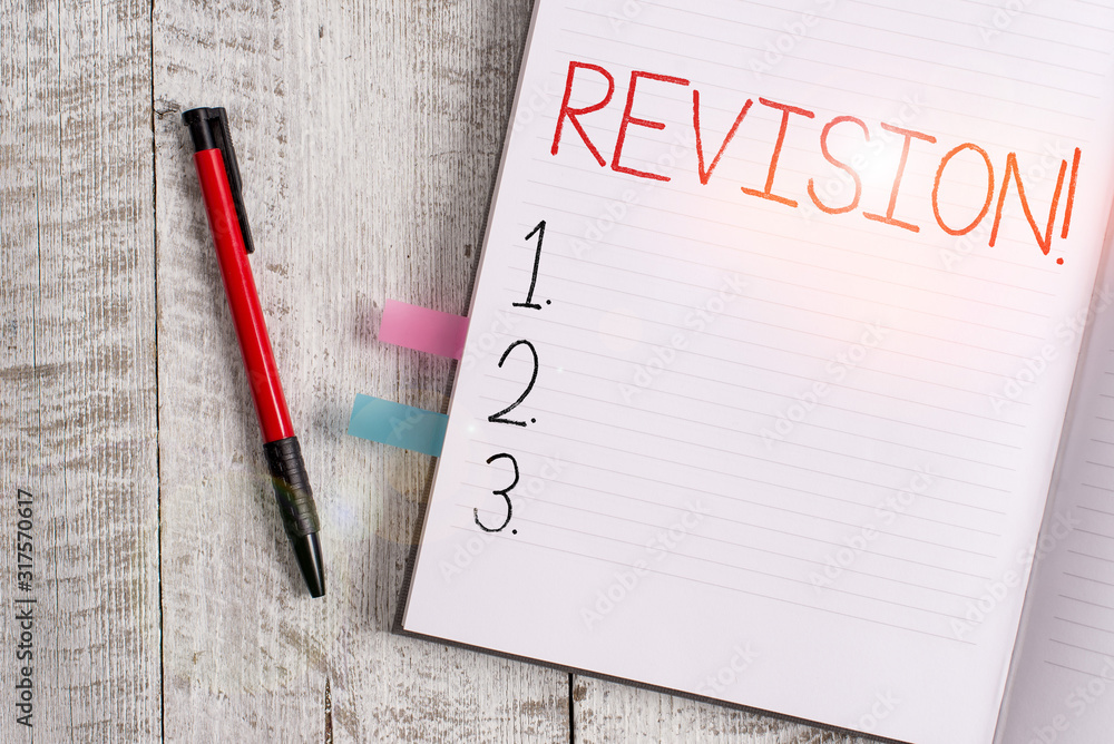 Handwriting text writing Revision. Conceptual photo action of revising over someone like auditing or accounting Thick pages notebook stationary placed above classic look wooden backdrop