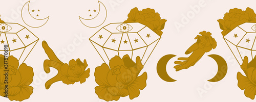 horizontal border with diamond gem, golden flowers and celestial elements
