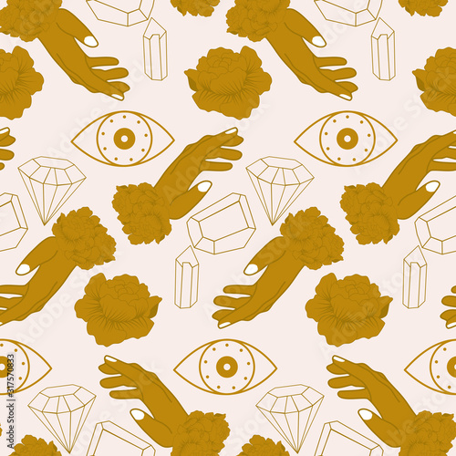golden hands, gems and eye in a seamless pattern design