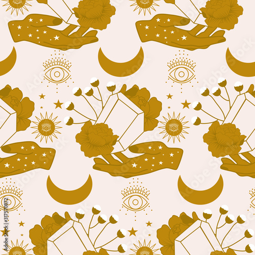 golden gems, flowers and celestials in a seamless pattern design