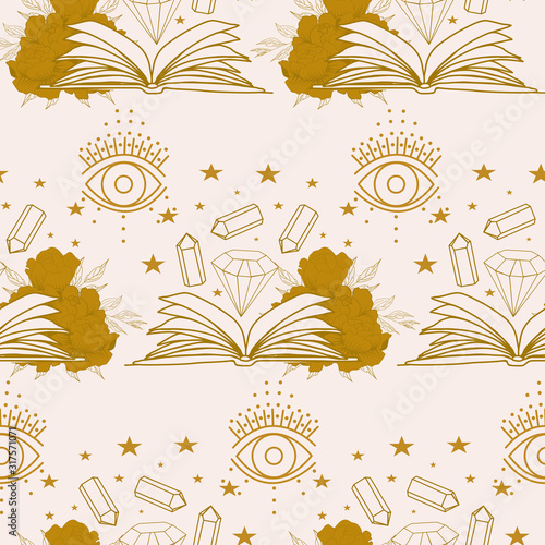 book, gems and celestials in a seamless pattern design