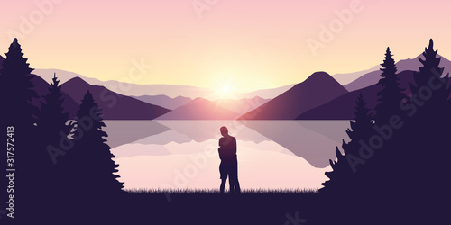 young couple by the lake in forest nature landscape at sunrise vector illustration EPS10
