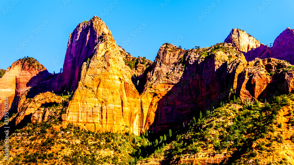 View of Nagunt Mesa,  and other Red Rock Peaks of the Kolob Canyon part of Zion National Park, Utah, United Sates. Viewed from the East Kolob Canyon Road