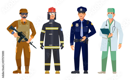 Doctor, policeman, fireman, military guard men photo