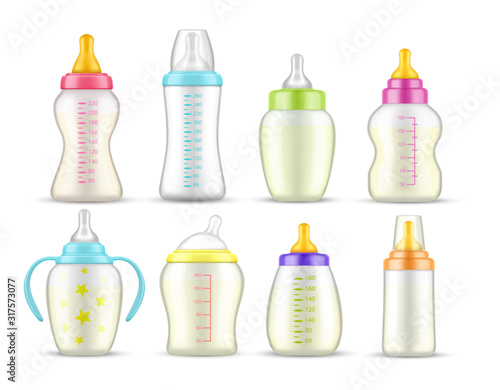 Realistic baby feeding bottles with milk, mockups