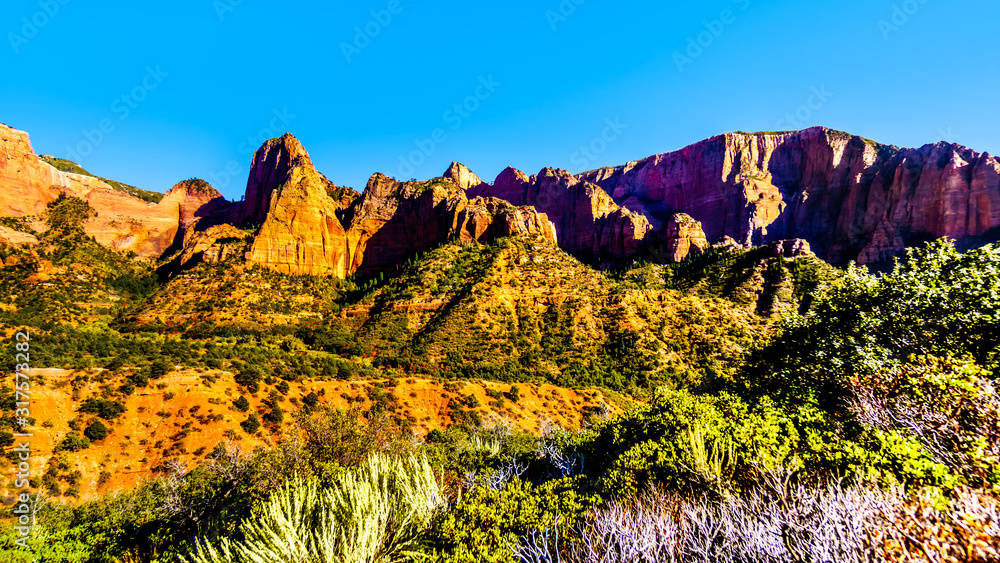 View of Nagunt Mesa,  and other Red Rock Peaks of the Kolob Canyon part of Zion National Park, Utah, United Sates. Viewed from the East Kolob Canyon Road
