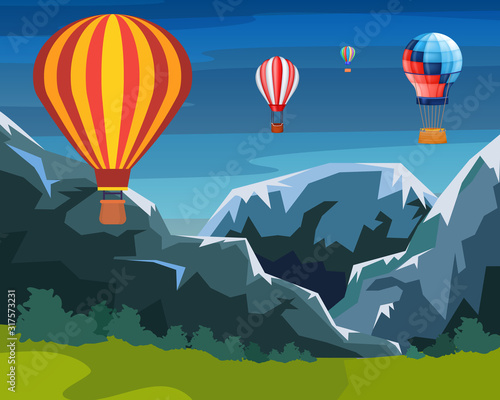 Balloons fly in air over ground, mountains, hills at dawn vector illustration. Tourist travel, entertainment journey, adventure sky trip. Beautiful colorful wallpaper air balloons, natural landscape.