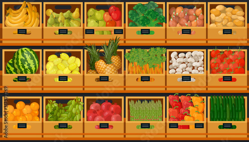 Grocery store shelves with fruits and vegetables