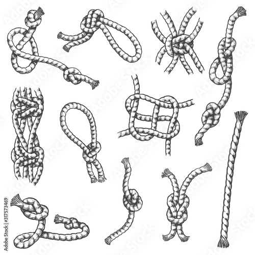 Sketch marine rope knots with hitches and bends