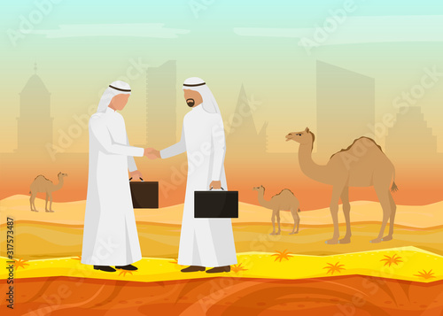 Arab businessmen sheikhs shake hands making deal vector illustration. Desert, herd of camels, urban buildings. Muslim men business partners meeting, conclusion of contract.