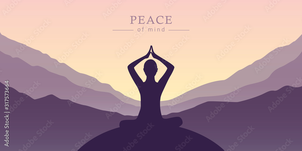 peace of mind meditation concept silhouette with mountain background vector illustration EPS10 - obrazy, fototapety, plakaty 