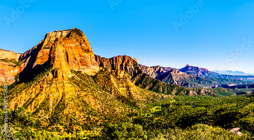View of the Shuntavi Butte and other Red Rock Peaks of the Kolob Canyon part of Zion National Park, Utah, United Sates. Viewed from the Timber Creek Lookout at the top of East Kolob Canyon Road
