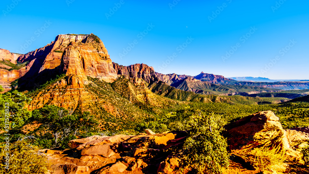 View of the Shuntavi Butte and other Red Rock Peaks of the Kolob Canyon part of Zion National Park, Utah, United Sates. Viewed from the Timber Creek Lookout at the top of East Kolob Canyon Road