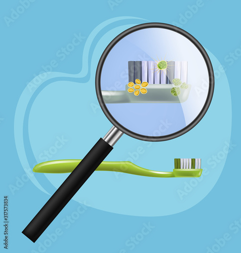 Toothbrush with harmful microorganisms, bacteria, viruses visible under magnifying glass vector illustration. Dirty old toothbrush unsuitable for oral hygiene and dental care.