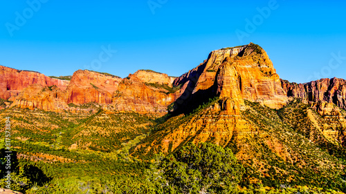 View of Nagunt Mesa, Shuntavi Butte and other Red Rock Peaks of the Kolob Canyon part of Zion National Park, Utah, United Sates. Viewed from the Timber Creek Lookout at the East Kolob Canyon Road photo