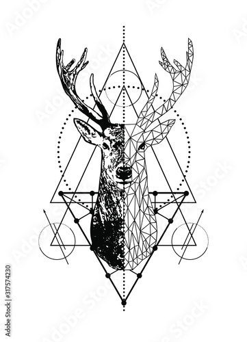Vector poligonal animal emblem geometric deer tattoo art style design isolated on white background.Low poly head with triangle.Tribal boho line art animal drawing.Stag head and antlers.T shirt print