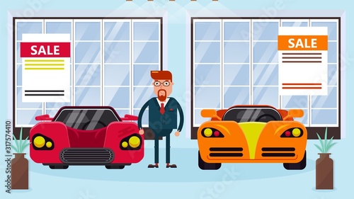 Car salesman manager stands between two different cars for demonstration and sale in showroom vector illustration banner. Automobiles dealership male representative sells cars.