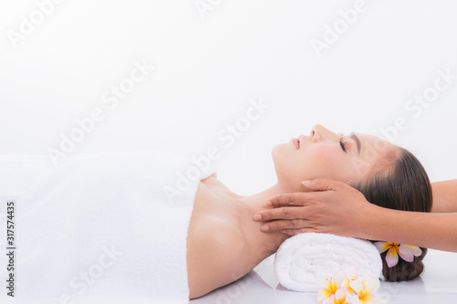 Close up, Beautiful and healthy asian woman in white spa salon. Traditional oriental aroma therapy and beauty treatments isolated on white background.