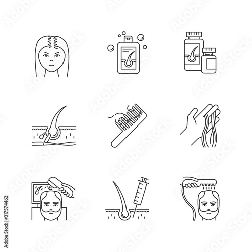 Hair loss pixel perfect linear icons set. Male alopecia and female balding. Laser therapy. Follicle. Customizable thin line contour symbols. Isolated vector outline illustrations. Editable stroke