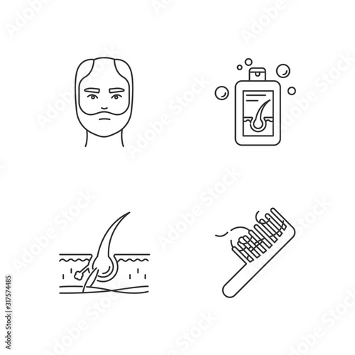 Hair loss pixel perfect linear icons set. Man balding treatment. Male alopecia. Hair strands on comb. Customizable thin line contour symbols. Isolated vector outline illustrations. Editable stroke