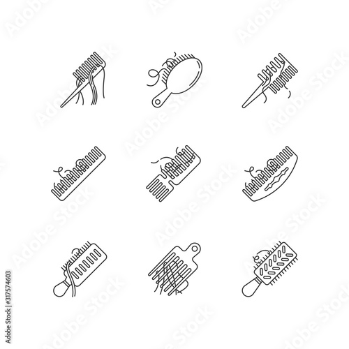 Hair loss pixel perfect linear icons set. Comb with hair. Stress symptom. Dermatology, cosmetology. Customizable thin line contour symbols. Isolated vector outline illustrations. Editable stroke