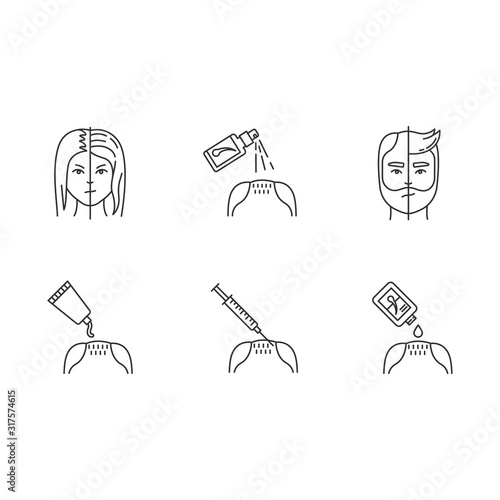 Hair loss pixel perfect linear icons set. Male alopecia. Female balding. Products for hairloss. Customizable thin line contour symbols. Isolated vector outline illustrations. Editable stroke