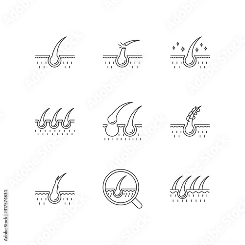 Hair loss pixel perfect linear icons set. Damaged hair, unhealthy roots. Scalp and follicle. Skin tissue. Customizable thin line contour symbols. Isolated vector outline illustrations. Editable stroke