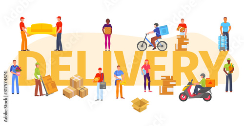 Delivery concept, delivery service workers, various goods vector illustration isolated. People delivering groceries, food, furniture, documents and flowers in boxes, parcels. Bicycle, moped, trolley.