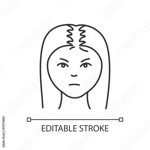 Female hair pixel perfect linear icon. Woman with alopecia. Hairloss problem. Thinning hairline. Thin line customizable illustration. Contour symbol. Vector isolated outline drawing. Editable stroke