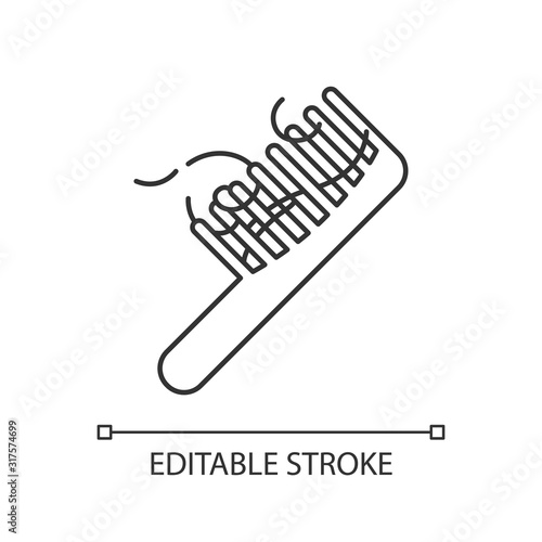 Hairbrush pixel perfect linear icon. Сomb with hair strands. Hairloss problem. Dermatology issue. Thin line customizable illustration. Contour symbol. Vector isolated outline drawing. Editable stroke
