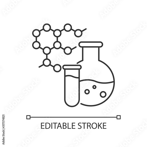 Chemistry pixel perfect linear icon. Science and medicine research. Biochemistry and pharmacology. Thin line customizable illustration. Contour symbol. Vector isolated outline drawing. Editable stroke