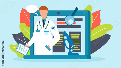 Online doctor medical consultation vector illustration. Male doctor with stethoscope on laptop screen treats patients remotely over internet online. Computer screen, microscope, magnifier.