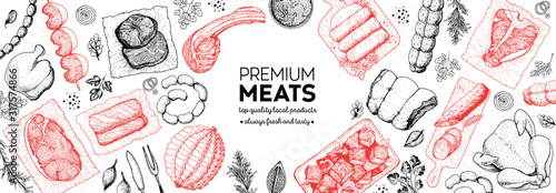 Meat products top view frame. Vector illustration. Engraved design. Hand drawn illustration. Pieces of meat design template. Great for package design. Chicken, beef, pork, sausage, lamb, ham sketch.