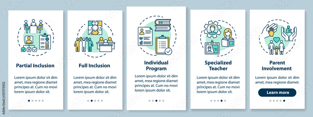 Inclusive education onboarding mobile app page screen with concepts. Educational assistance for disabled walkthrough five steps graphic instructions. UI vector template with RGB color illustrations