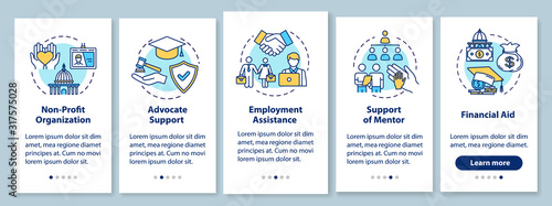 Inclusive society onboarding mobile app page screen with concepts. Social and financial support walkthrough five steps graphic instructions. UI vector template with RGB color illustrations