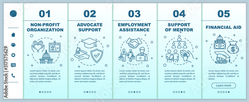 Inclusive education onboarding vector template. Employment assistance. Advocate support. Financial aid. Responsive mobile website with icons. Webpage walkthrough step screens. RGB color concept