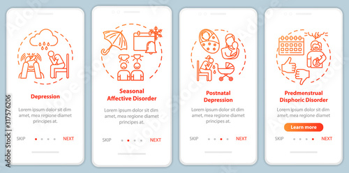 Mental disorder onboarding mobile app page screen with concepts. Seasonal depression. Psychological problem walkthrough four steps graphic instructions. UI vector template with RGB color illustrations