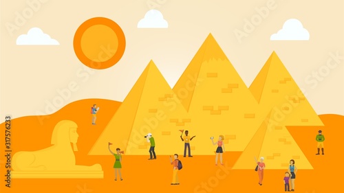 Travelling in Egypt concept vector illustration. Groups of people tourists with guides making photo and walking close to egyptian sights. Landmarks Pyramid of Cheops and Great Sphinx of Giza.