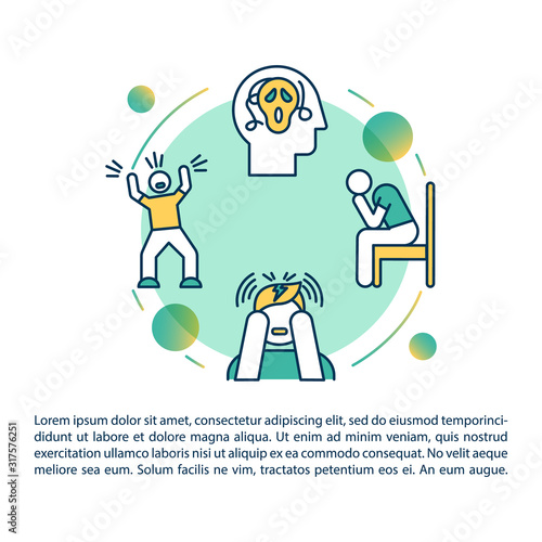 Mental disorders concept icon with text. Psychological diseases. Panic attack. Psychiatric problems. PPT page vector template. Brochure, magazine, booklet design element with linear illustrations
