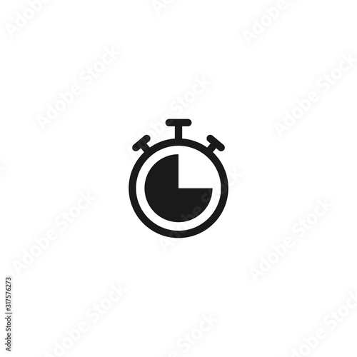 Black stopwatch with 15 minutes. flat icon isolated on white. Fast time stop watch