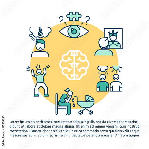 Mental disorders concept icon with text. Psychological diseases. Postnatal depression. Suicide feeling. PPT page vector template. Brochure, magazine, booklet design element with linear illustrations